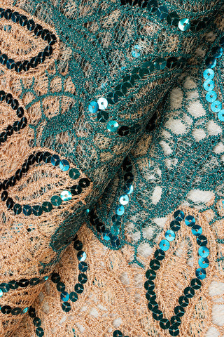 GPR086-TLP - Sequined Guipure Lace - Teal & Peach