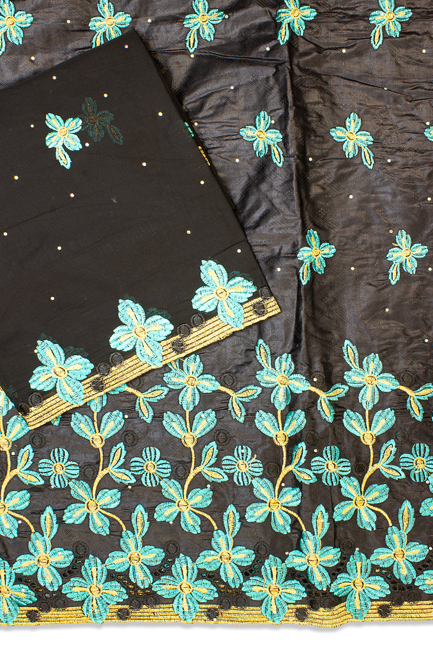 BRL009-BMT - [2pc Set] 5 Yards Brocade Lace + 2 Yards Net Fabric - Black & Mint