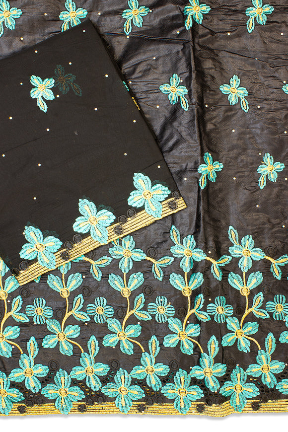 BRL009-BMT - [2pc Set] 5 Yards Brocade Lace + 2 Yards Net Fabric - Black & Mint