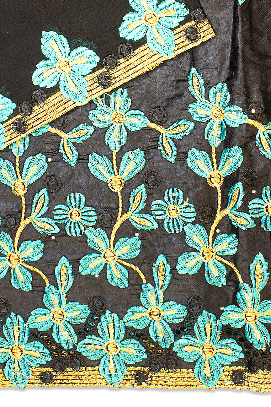 BRL009-BMT - [2pc Set] 5 Yards Brocade Lace + 2 Yards Net Fabric - Black & Mint