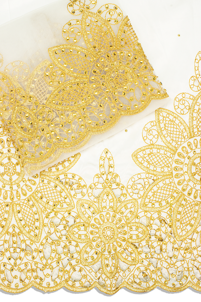 GBL021-WGD - 2pc set, Hand Cut George Lace & Blouse Net Fabric - White & Gold