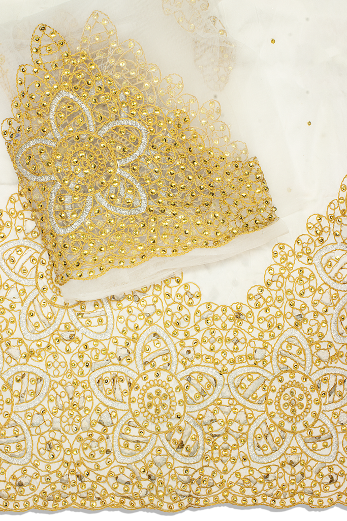 GBL023-WGD - 2pc set, Hand Cut George Lace & Blouse Net Fabric - White & Gold