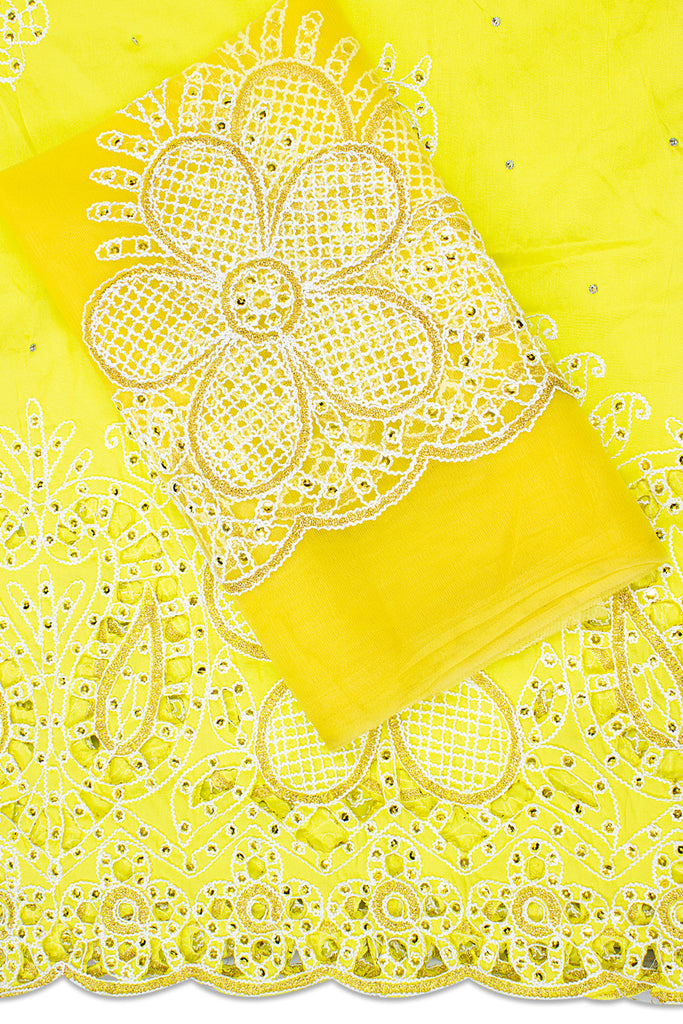 GBL024-YEL - 2pc set, Hand Cut George Lace & Blouse Net Fabric - Yellow