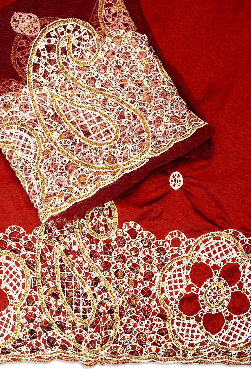 GBL027-DRD - 2pc set, Hand Cut George Lace & Blouse Net Fabric - Dark Red
