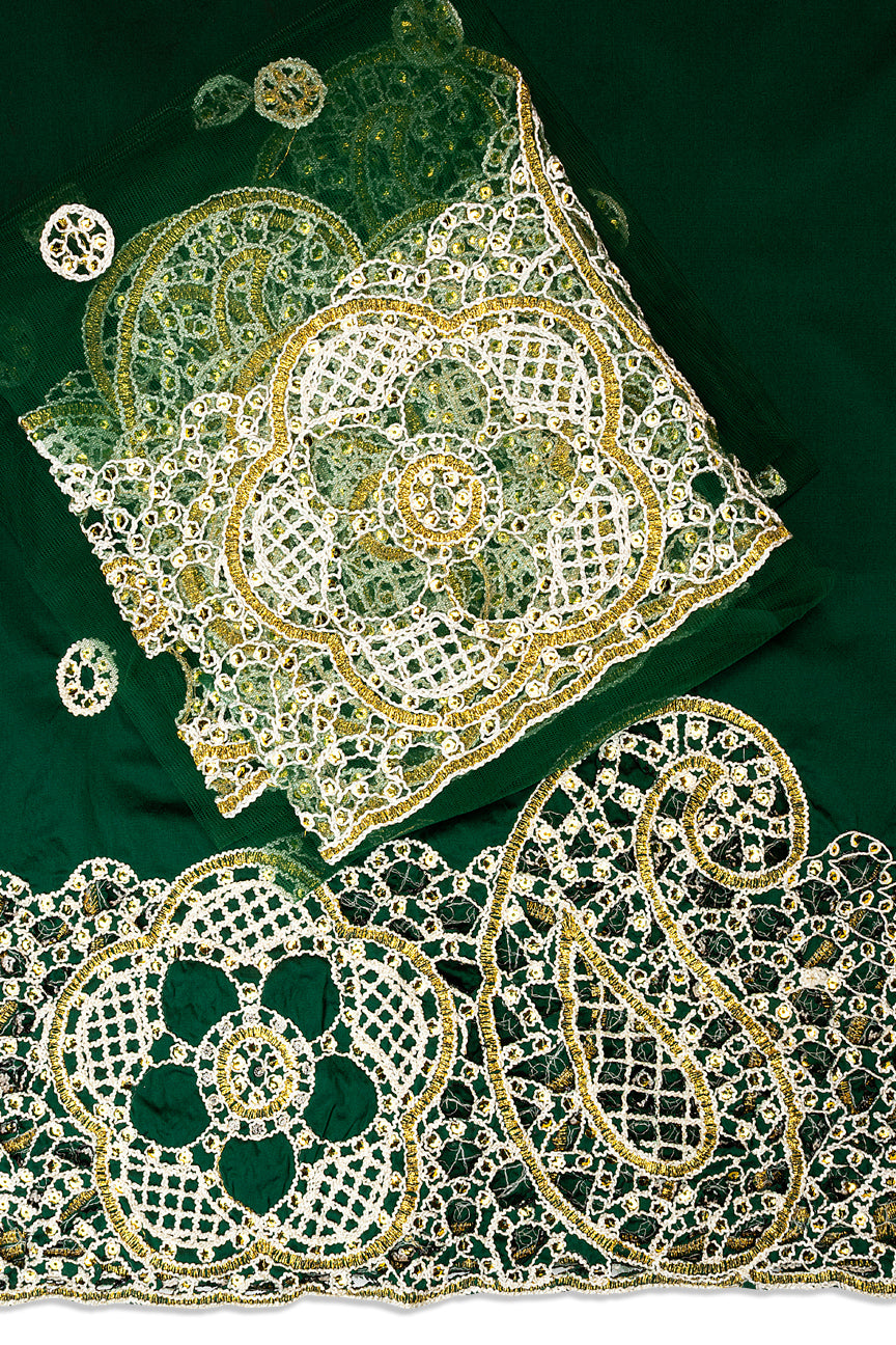 GBL027-EMG - 2pc set, Hand Cut George Lace & Blouse Net Fabric - Emerald Green