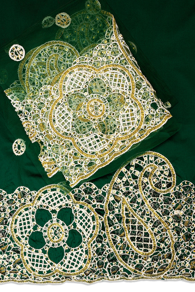 GBL027-EMG - 2pc set, Hand Cut George Lace & Blouse Net Fabric - Emerald Green