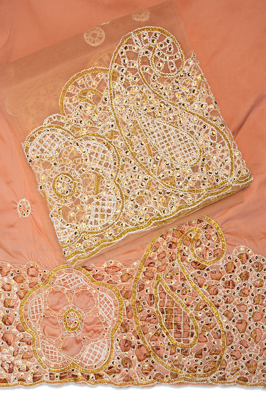 GBL027-PCH - 2pc set, Hand Cut George Lace & Blouse Net Fabric - Peach