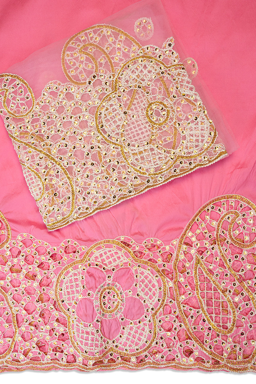GBL027-PNK - 2pc set, Hand Cut George Lace & Blouse Net Fabric - Pink