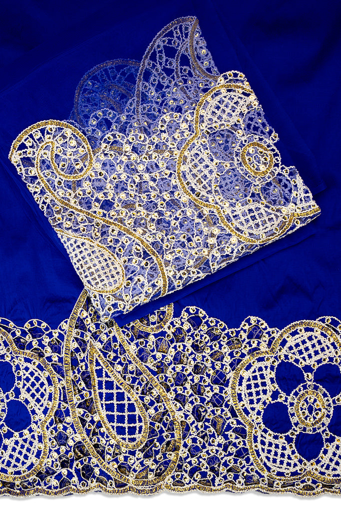 GBL027-RBL - 2pc set, Hand Cut George Lace & Blouse Net Fabric - Royal Blue