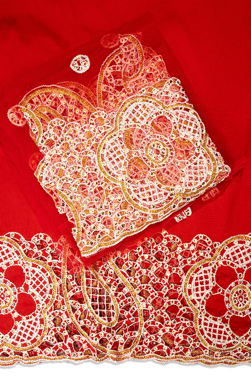 GBL027-RED - 2pc set, Hand Cut George Lace & Blouse Net Fabric - Red