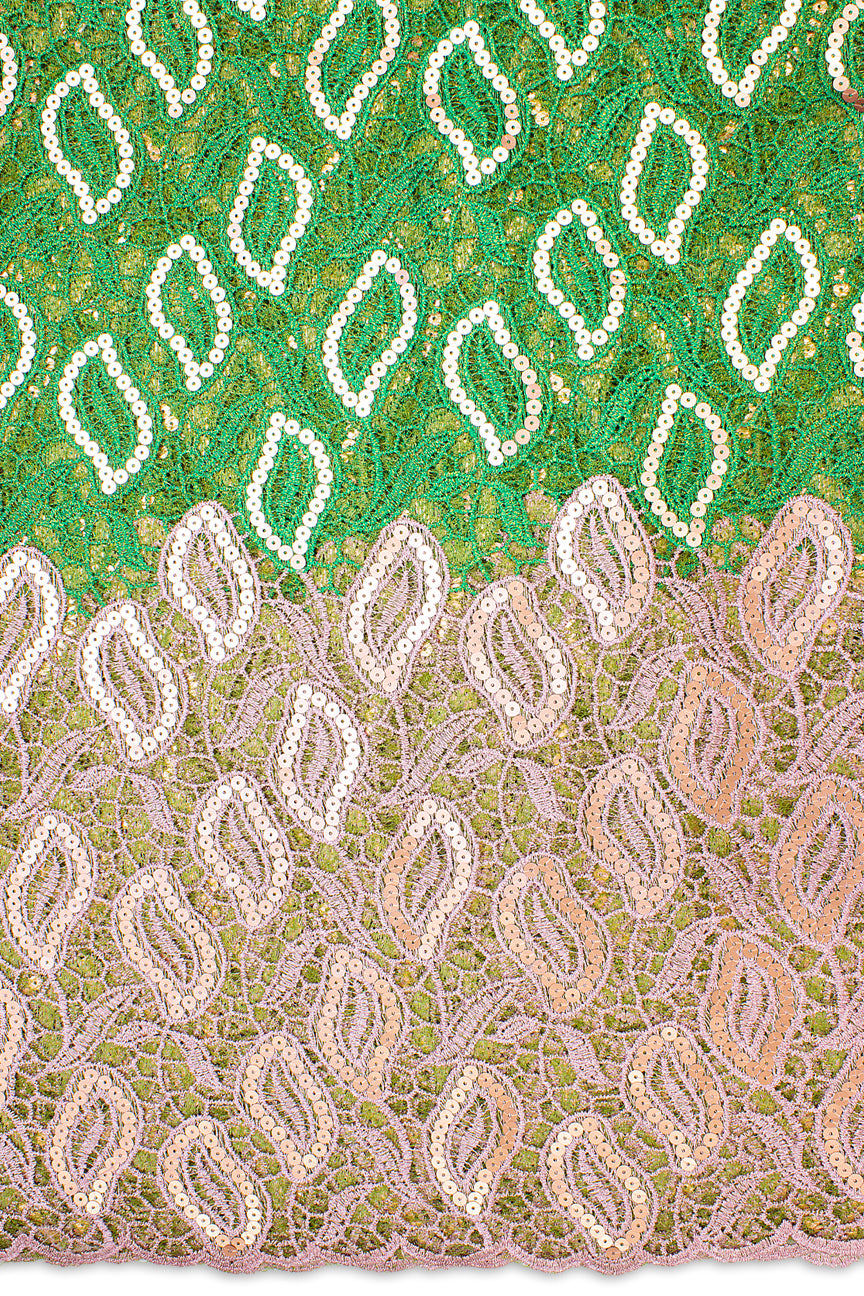 GPR086-GNP - Sequined Guipure Lace - Leaf Green & Pink