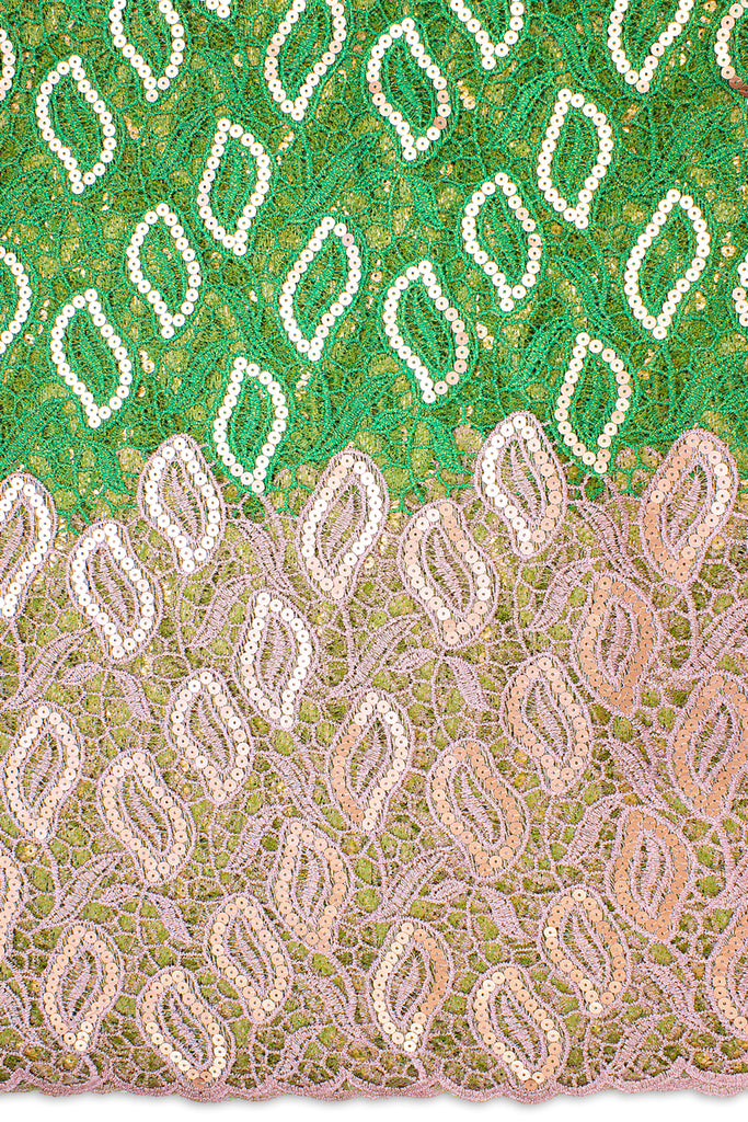 GPR086-GNP - Sequined Guipure Lace - Leaf Green & Pink