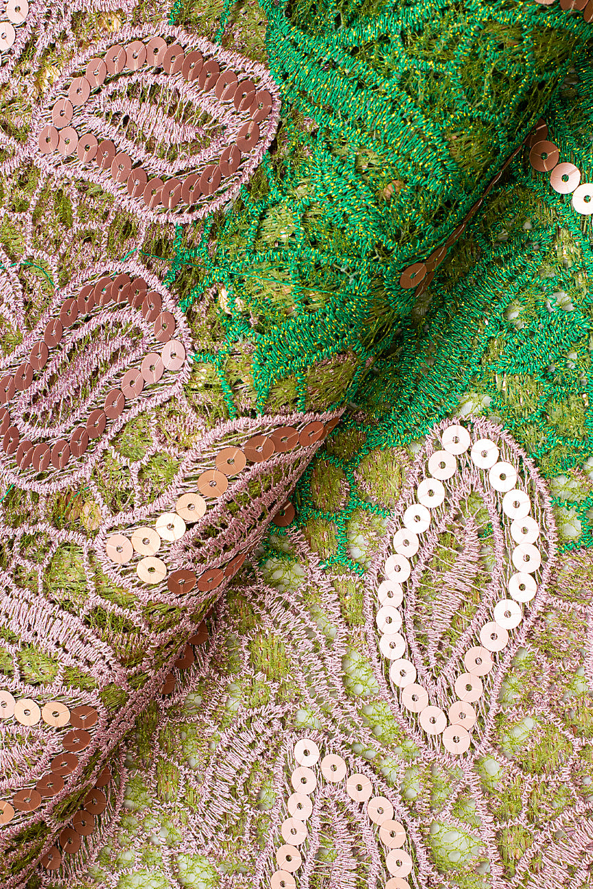 GPR086-GNP - Sequined Guipure Lace - Leaf Green & Pink