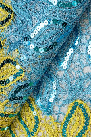 GPR086-TQY - Sequined Guipure Lace - Turquoise Blue & Yellow