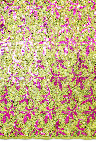 GPR087-LMG - Sequined Guipure Lace - Lime Green & Fuchsia