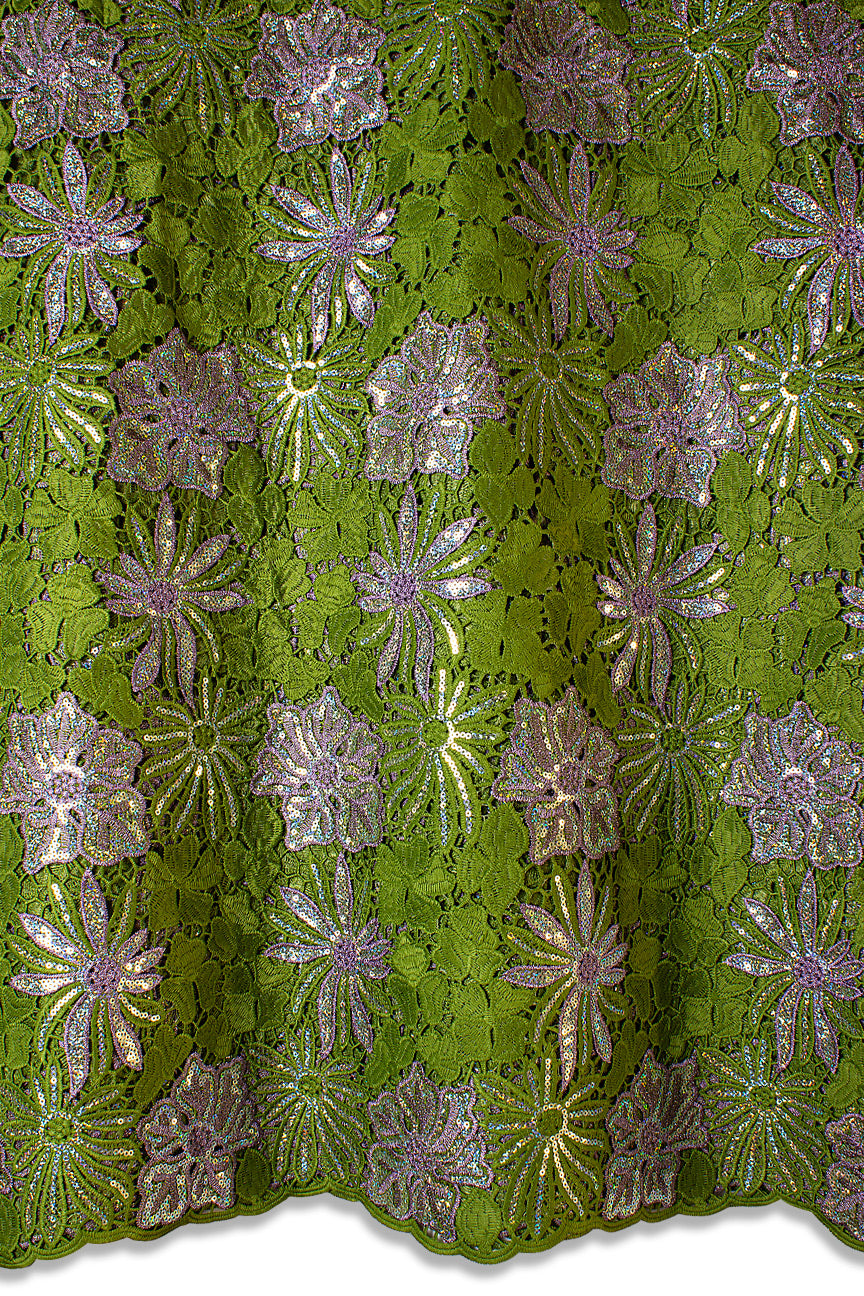 GPR098-OLV - Sequined Guipure Lace - Olive Green & Lilac