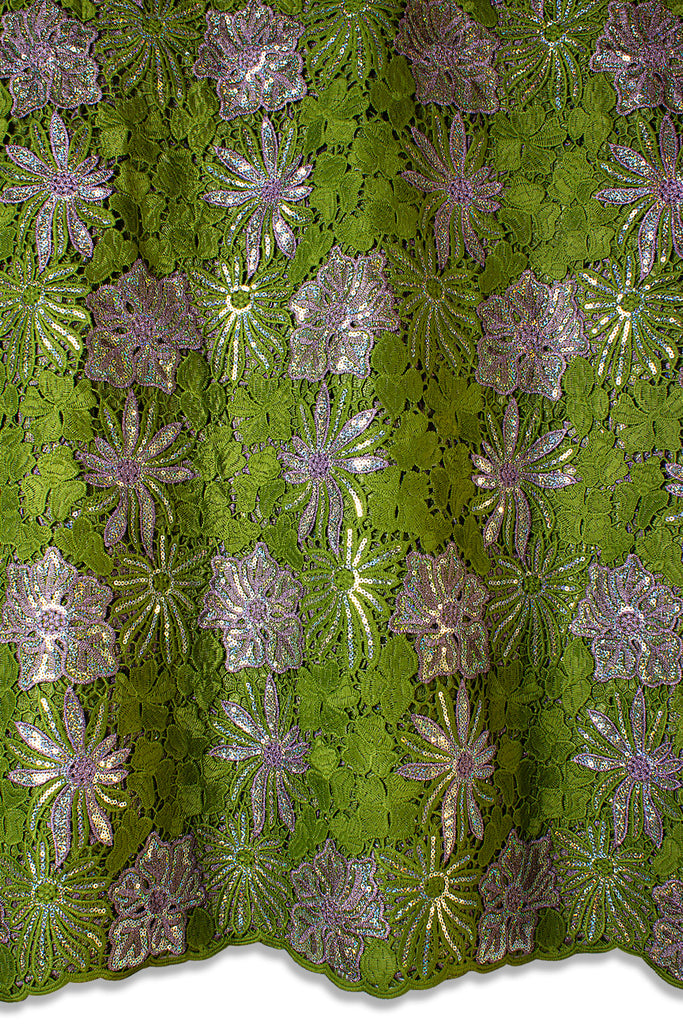 GPR098-OLV - Sequined Guipure Lace - Olive Green & Lilac