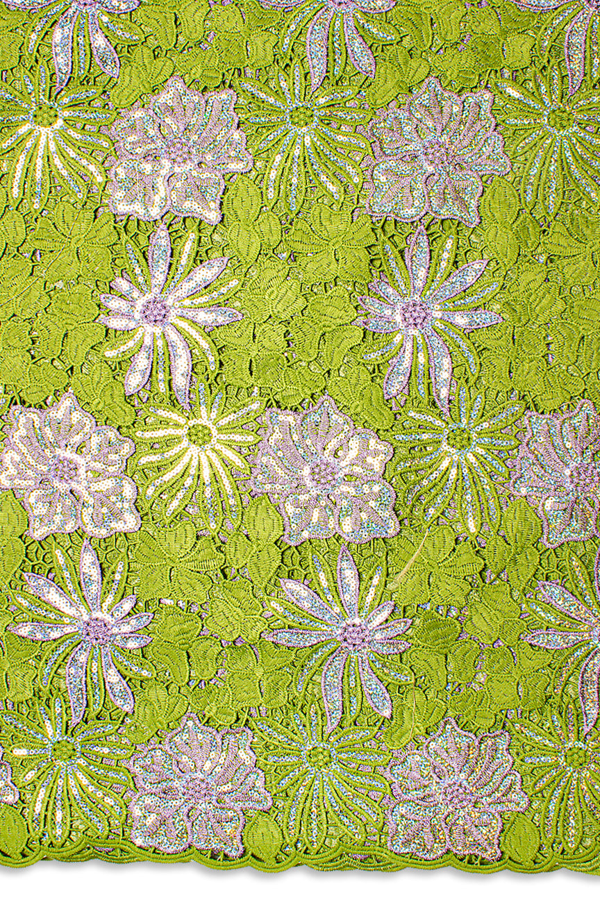GPR098-OLV - Sequined Guipure Lace - Olive Green & Lilac