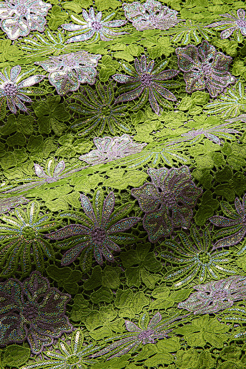 GPR098-OLV - Sequined Guipure Lace - Olive Green & Lilac