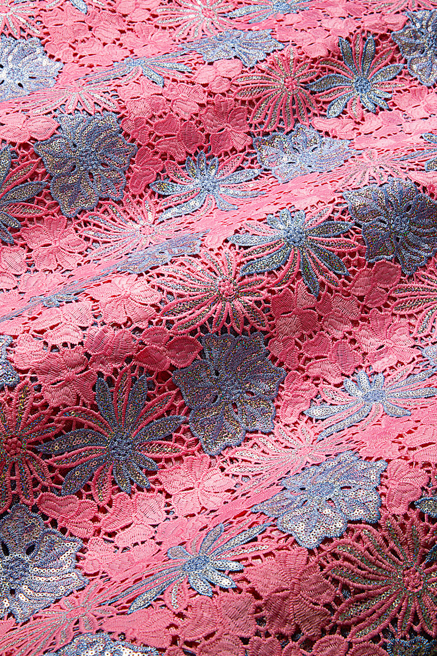 GPR098-PNK - Sequined Guipure Lace - Pink & Aqua