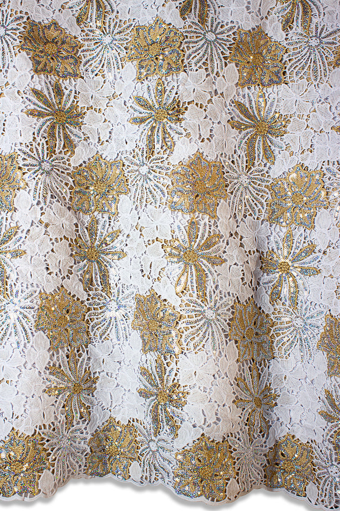 GPR098-WGD - Sequined Guipure Lace - White & Gold