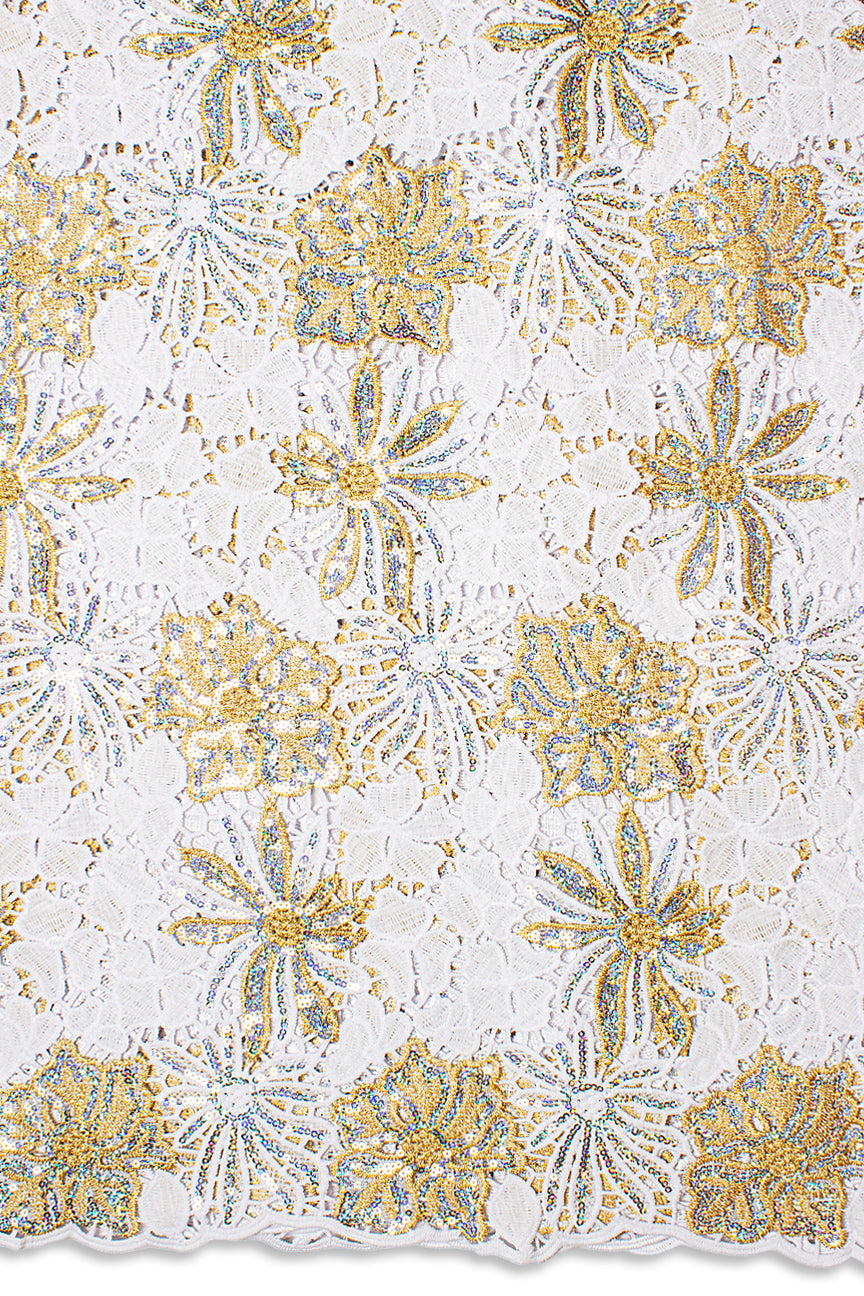 GPR098-WGD - Sequined Guipure Lace - White & Gold