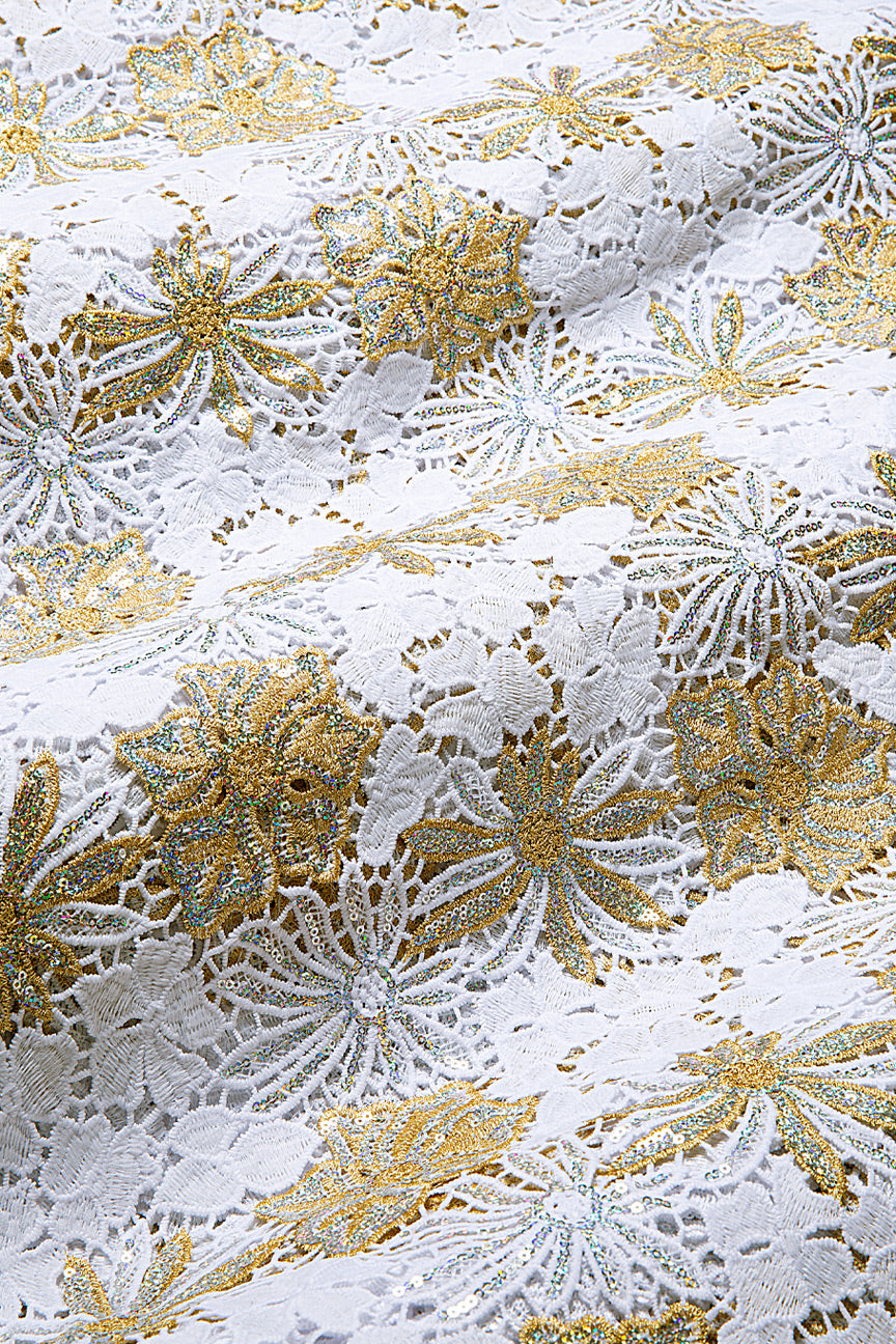 GPR098-WGD - Sequined Guipure Lace - White & Gold