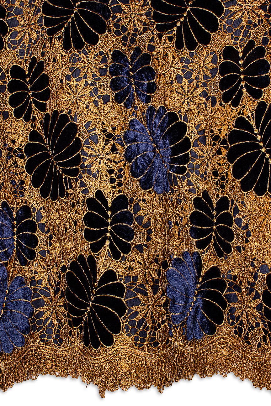 GPR103-NVB - Guipure Velvet Lace - Navy Blue & Golden Brown