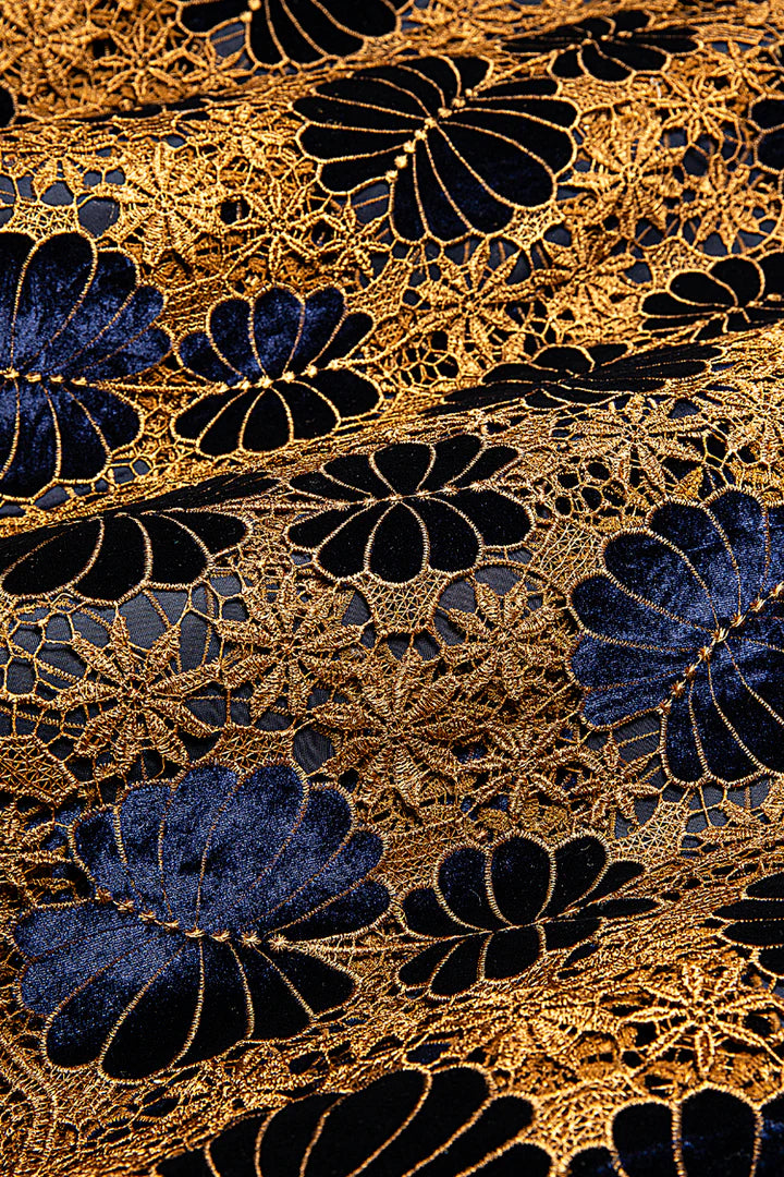 GPR103-NVB - Guipure Velvet Lace - Navy Blue & Golden Brown