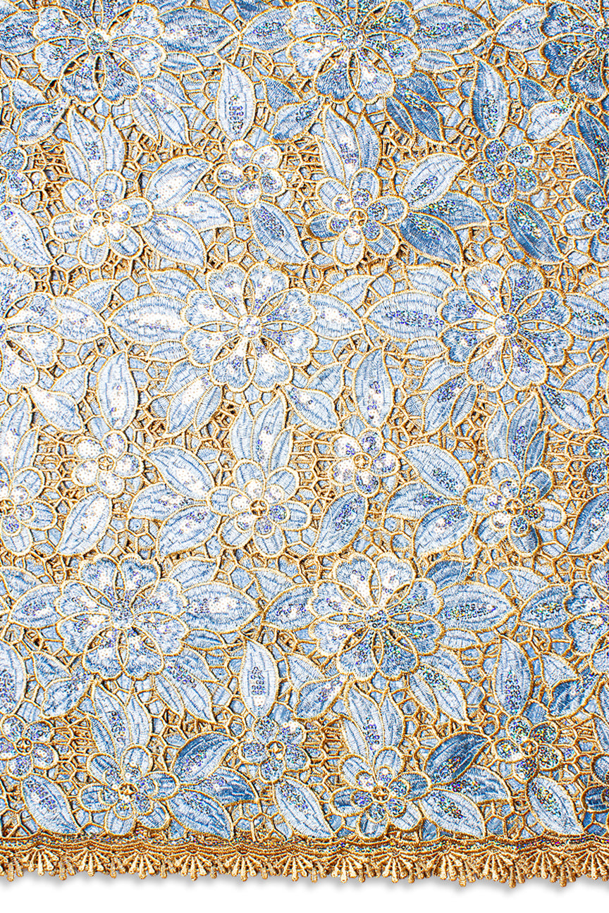 GPR104-SKB - Sequined Guipure Lace - Sky Blue & Gold