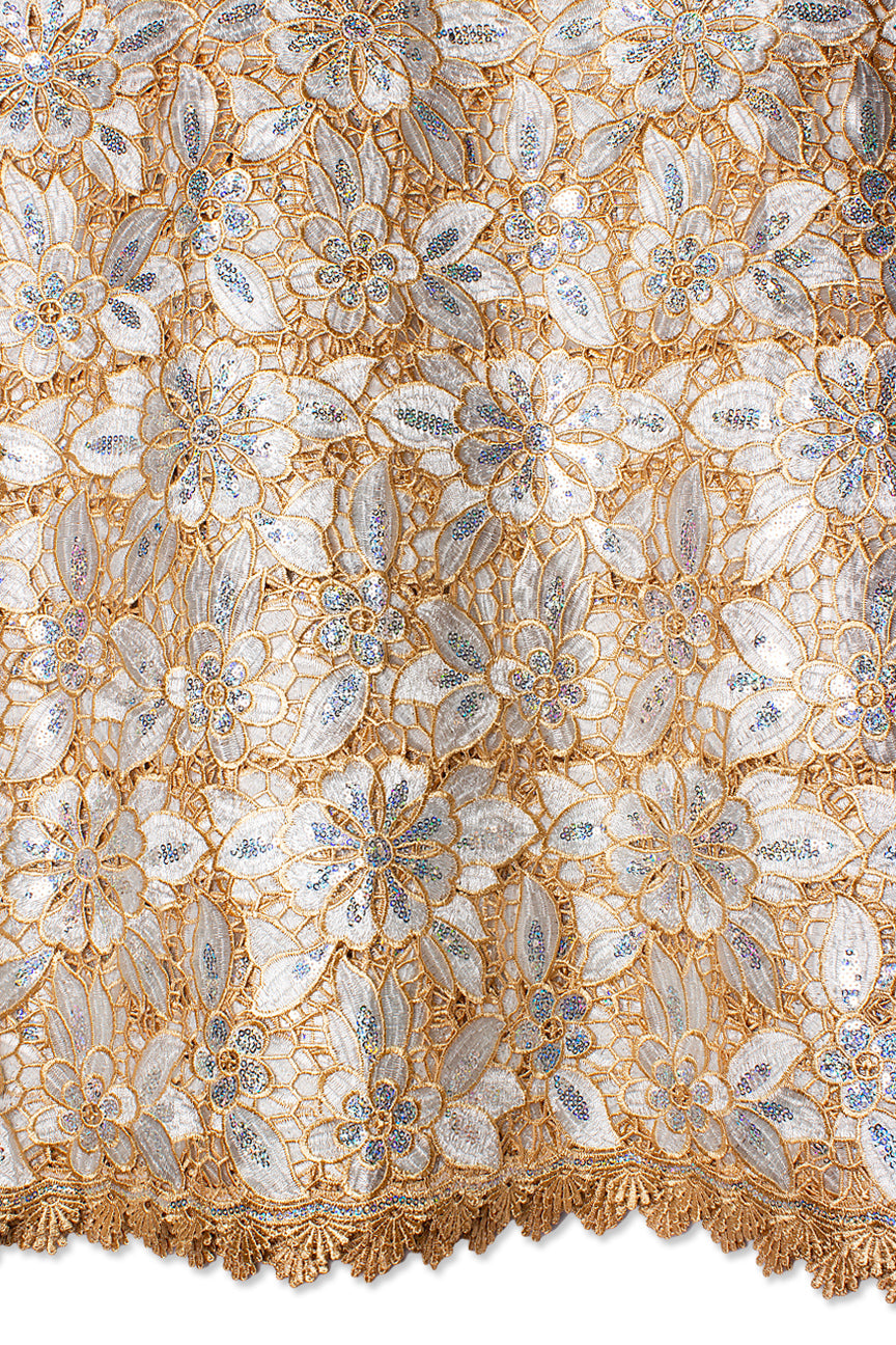 GPR104-WHT - Sequined Guipure Lace - White & Gold