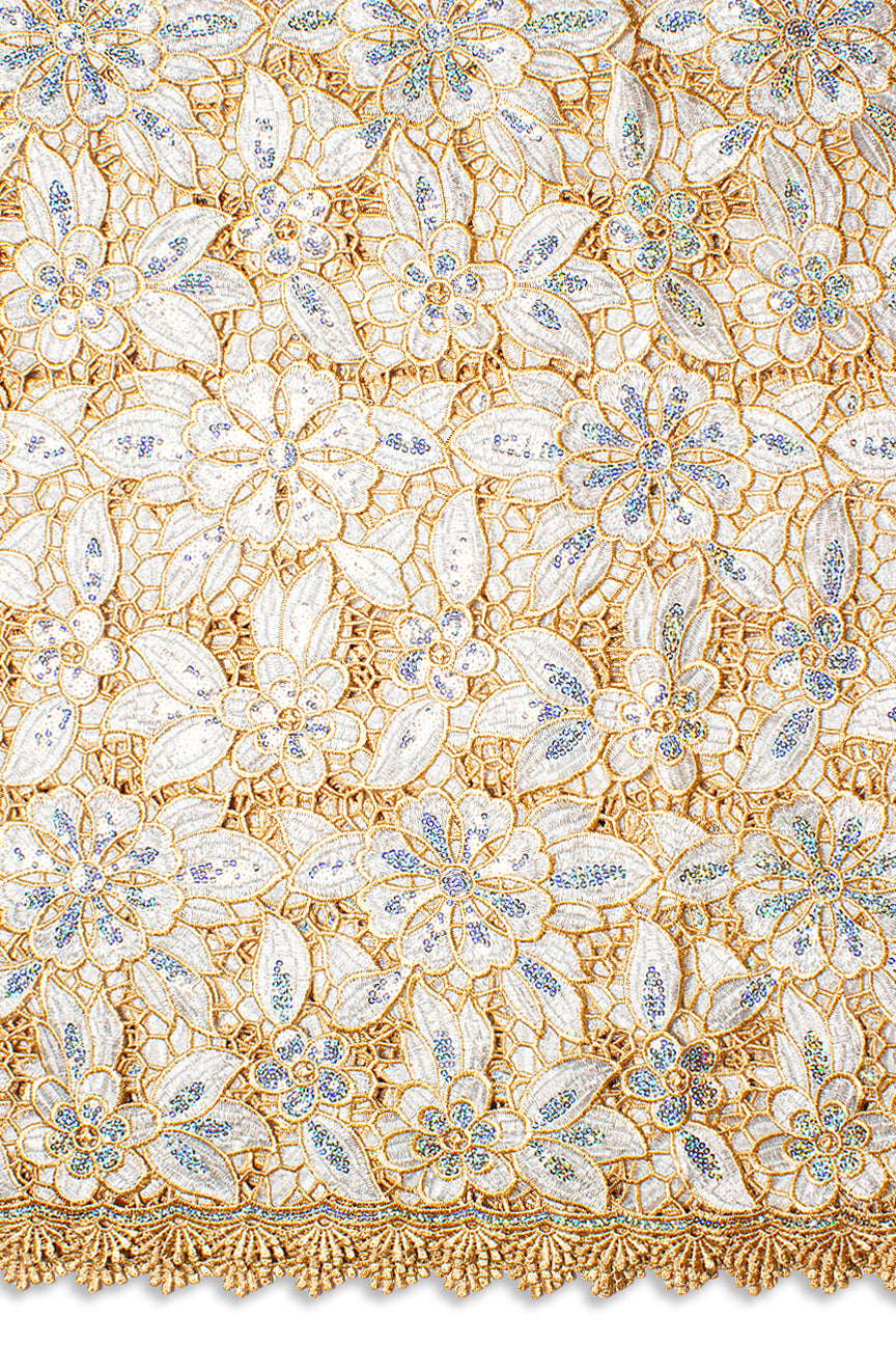 GPR104-WHT - Sequined Guipure Lace - White & Gold