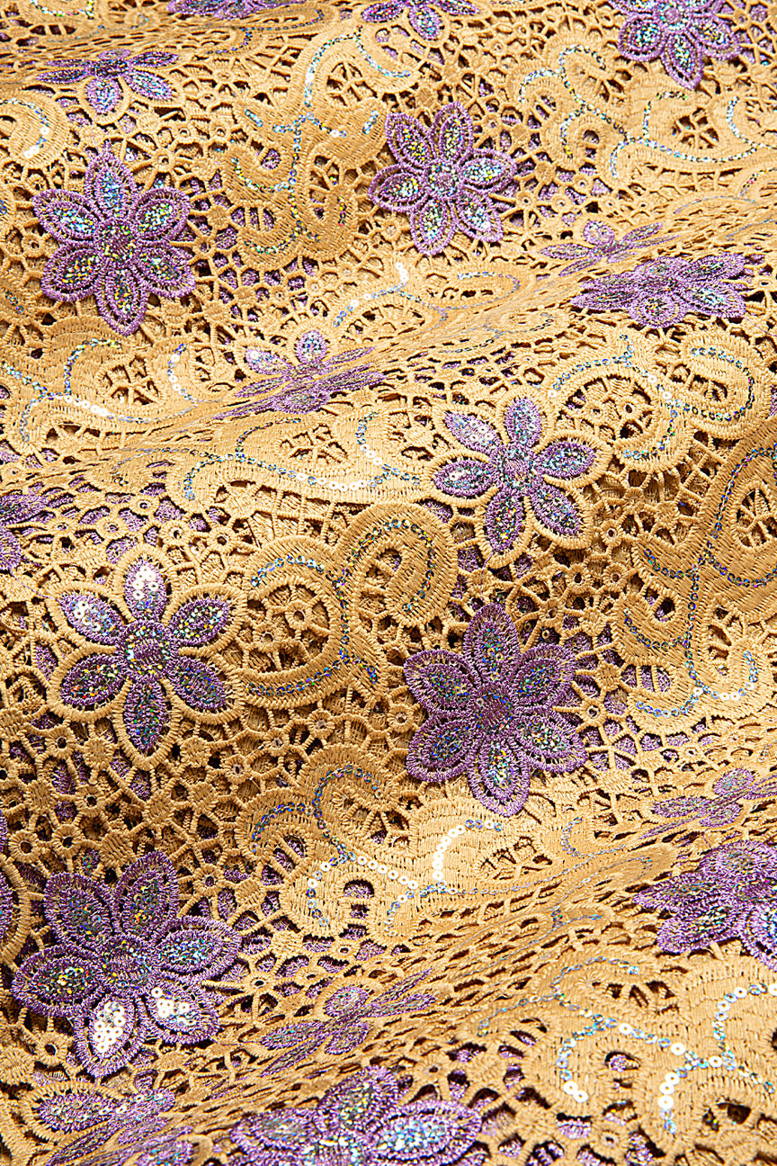 GPR105-BGE - Sequined Guipure Lace - Biege & Lilac