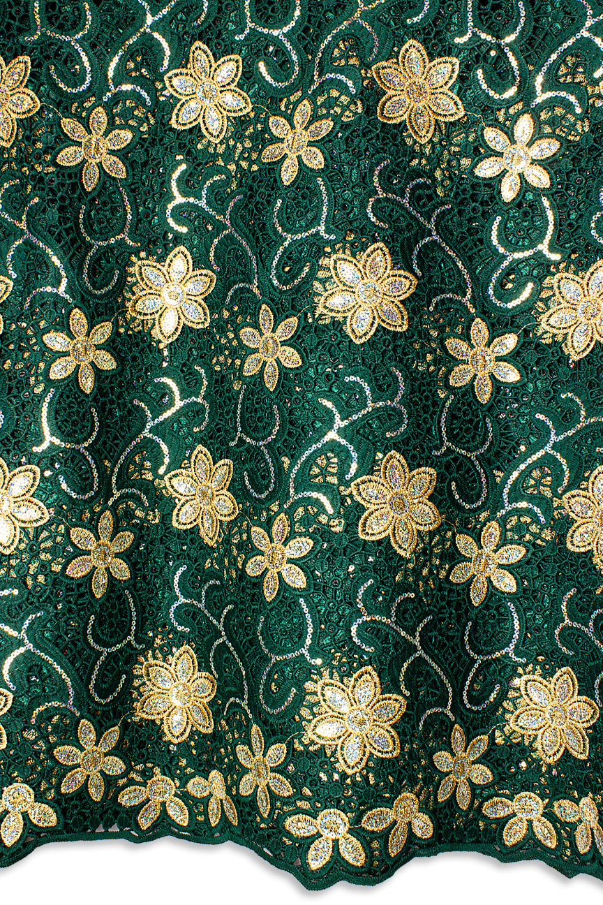 GPR105-BGN - Sequined Guipure Lace - Bottle Green & Gold