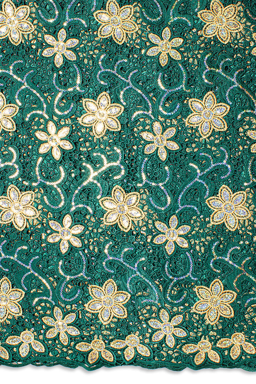 GPR105-BGN - Sequined Guipure Lace - Bottle Green & Gold