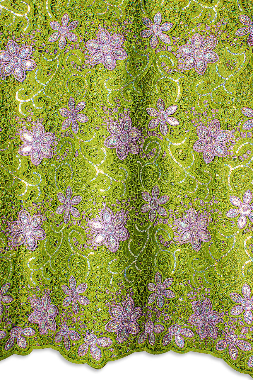 GPR105-OLV - Sequined Guipure Lace - Olive Green & Lilac