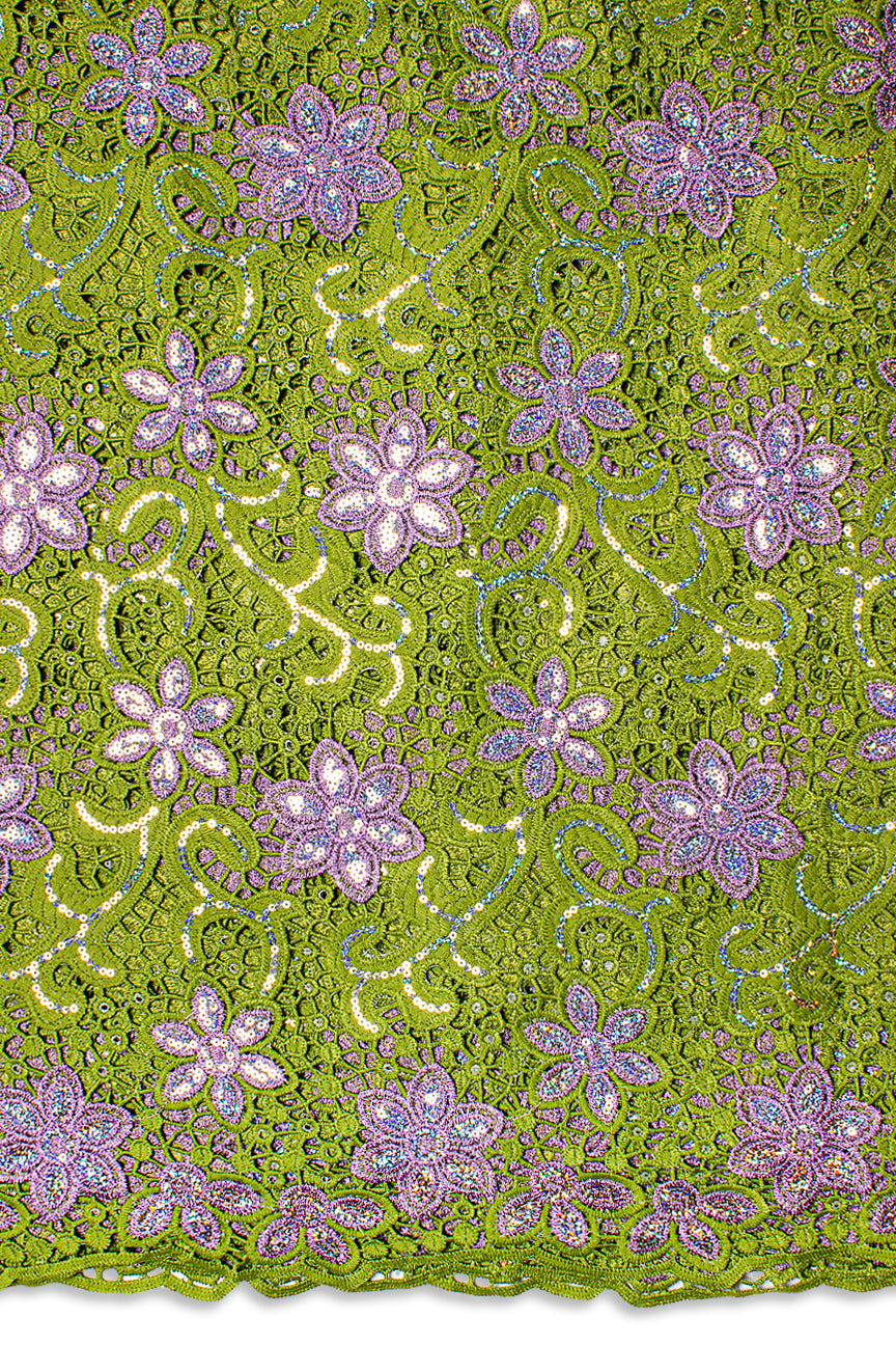 GPR105-OLV - Sequined Guipure Lace - Olive Green & Lilac