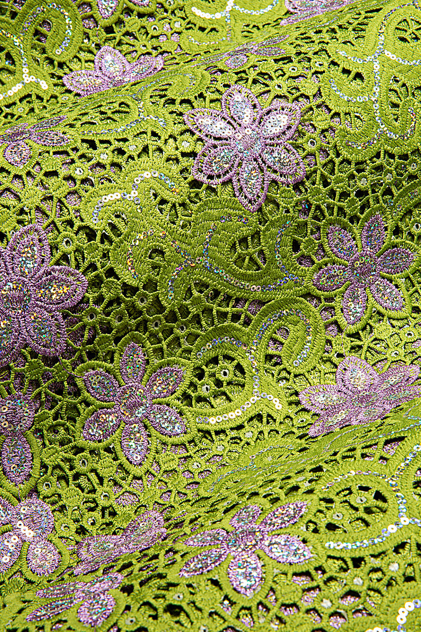 GPR105-OLV - Sequined Guipure Lace - Olive Green & Lilac