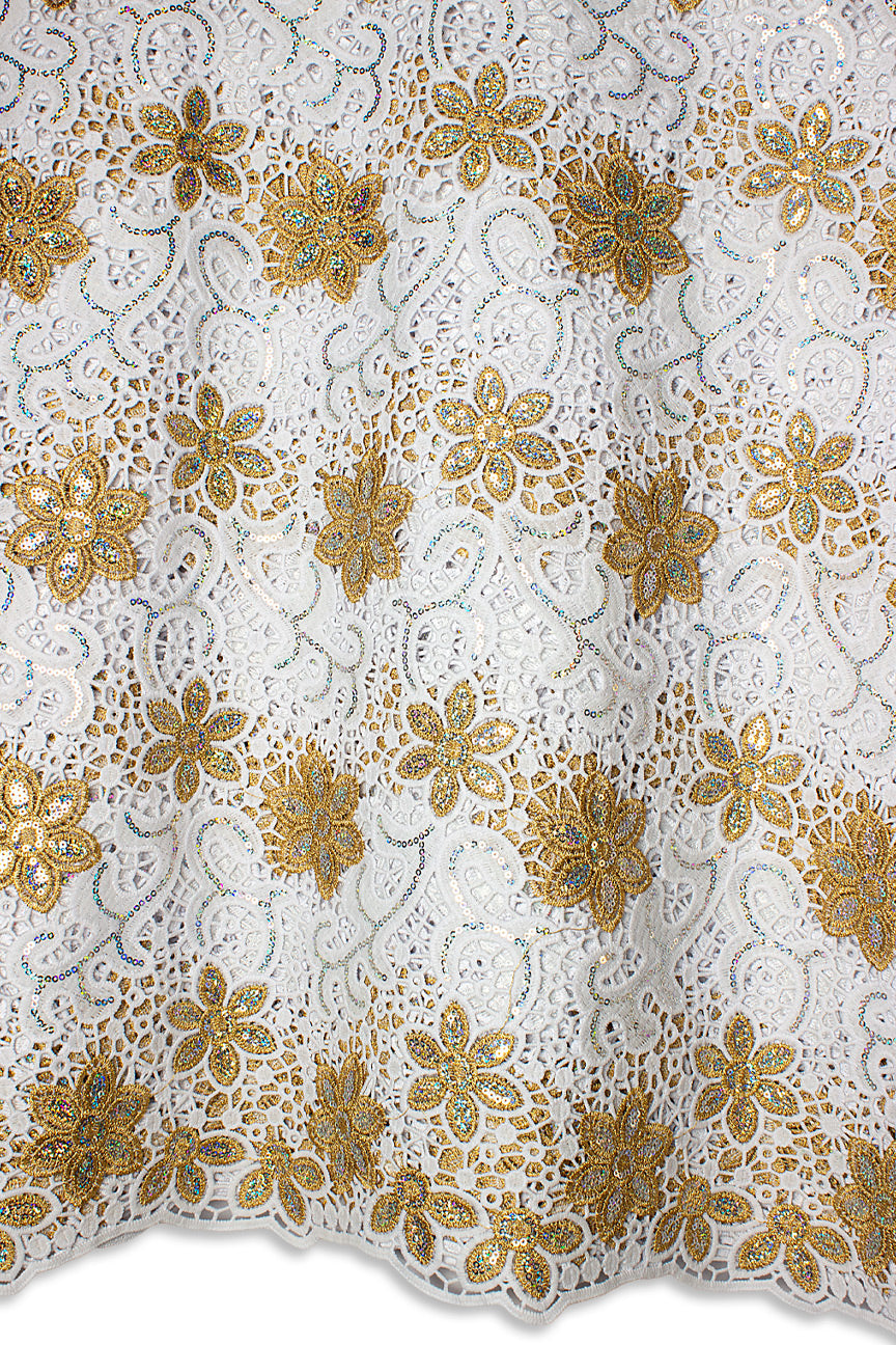 GPR105-WGD - Sequined Guipure Lace - White & Gold