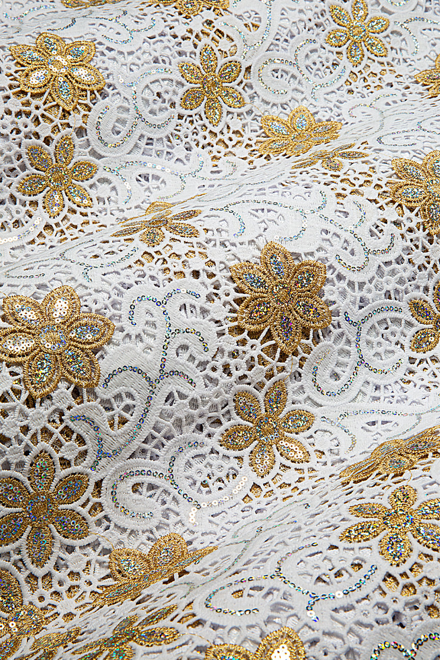 GPR105-WGD - Sequined Guipure Lace - White & Gold