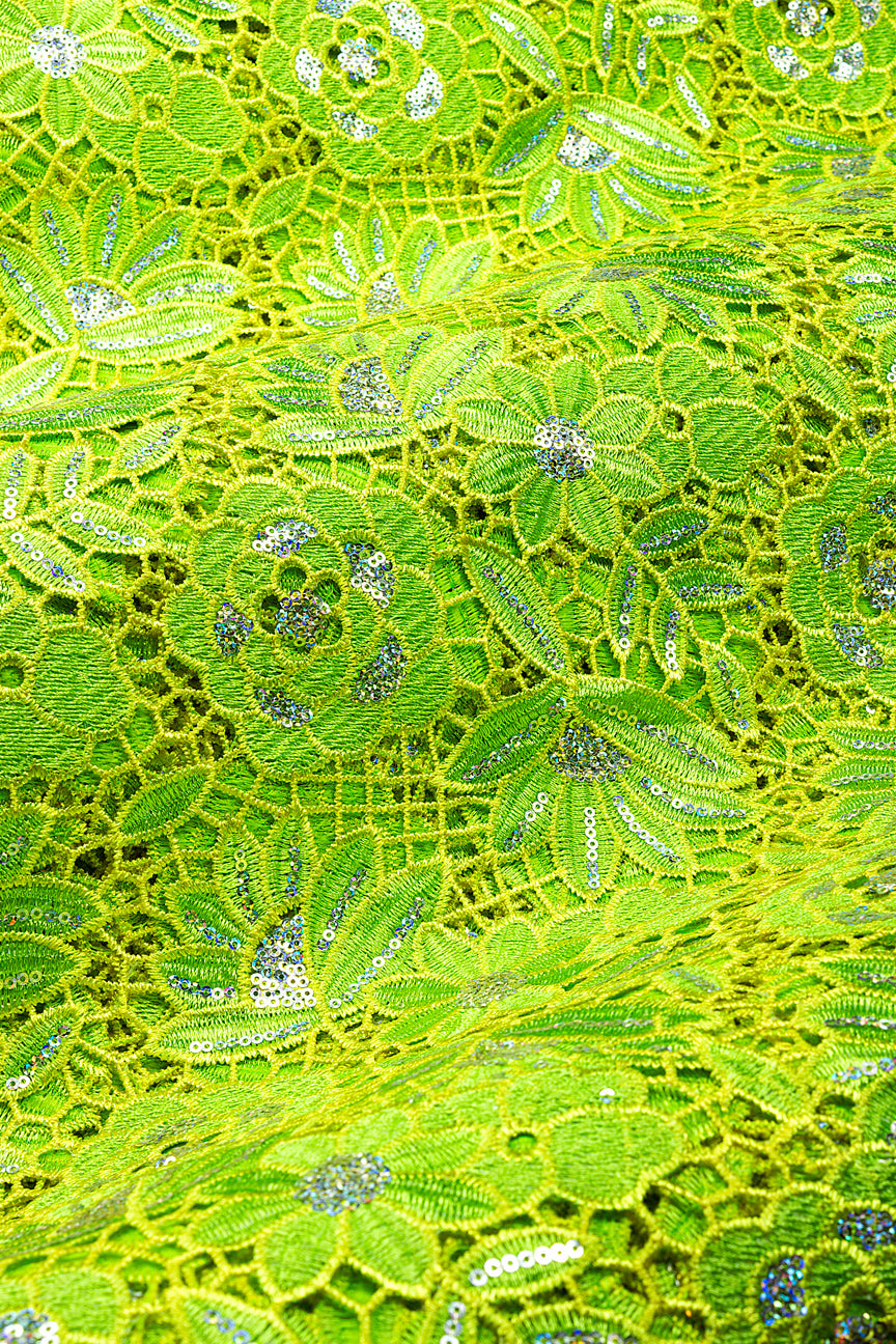 GPR109-LIM - Sequined Guipure Lace - Lime Green & Yellow