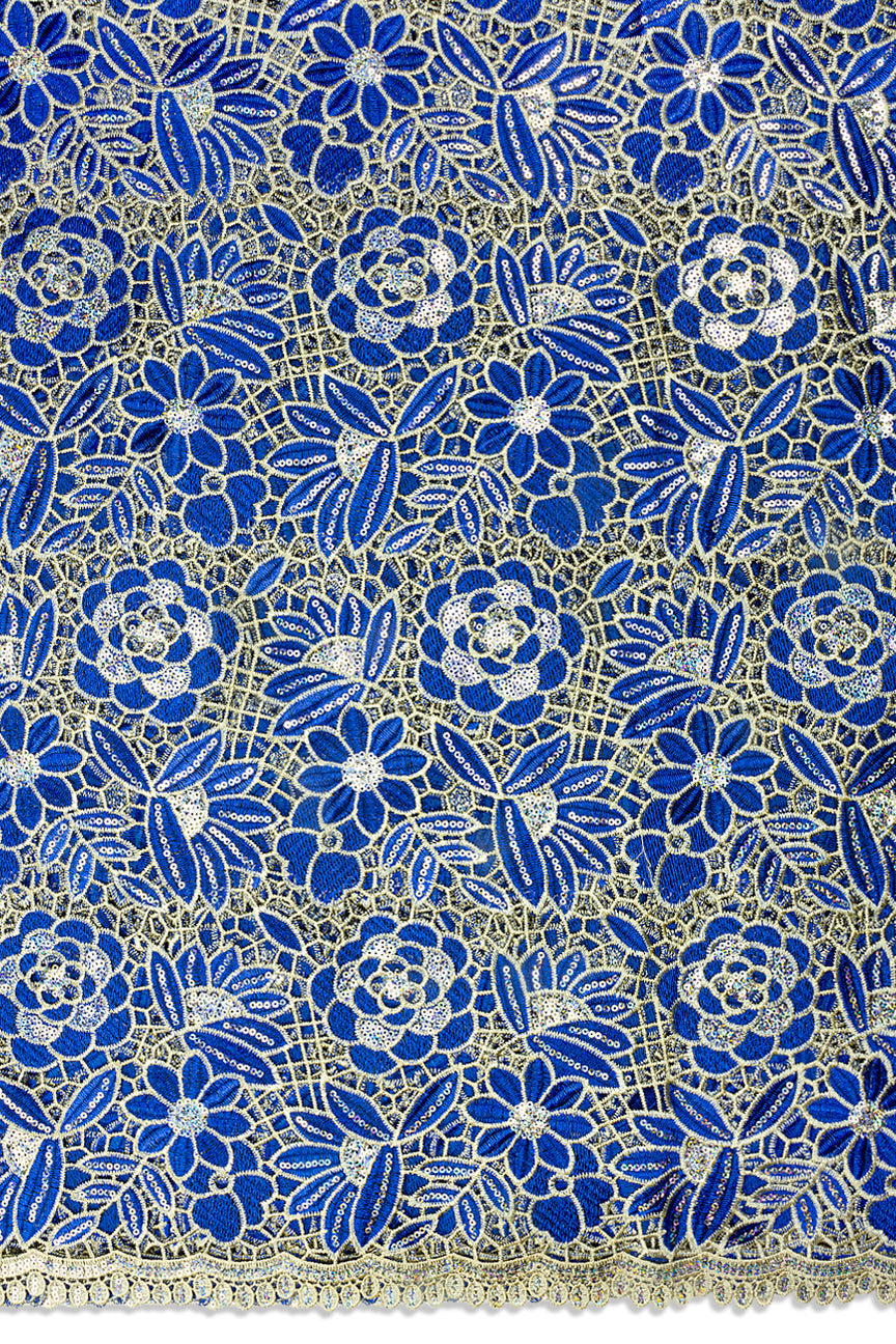 GPR109-RBL - Sequined Guipure Lace - Royal Blue & Cream
