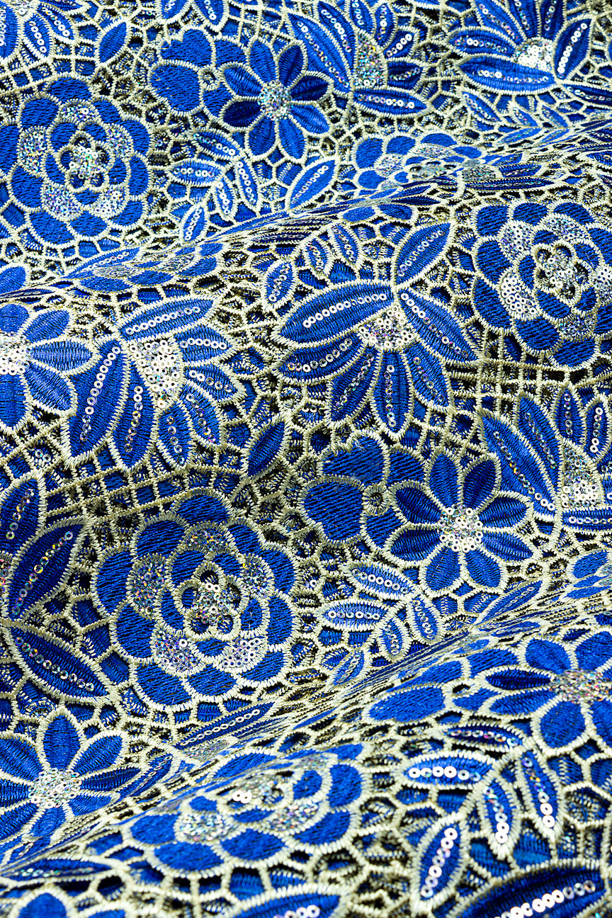 GPR109-RBL - Sequined Guipure Lace - Royal Blue & Cream