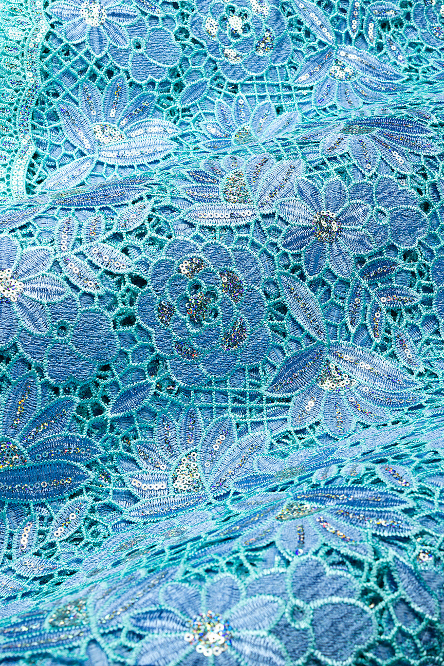 GPR109-SKB - Sequined Guipure Lace - Sky Blue & Aqua