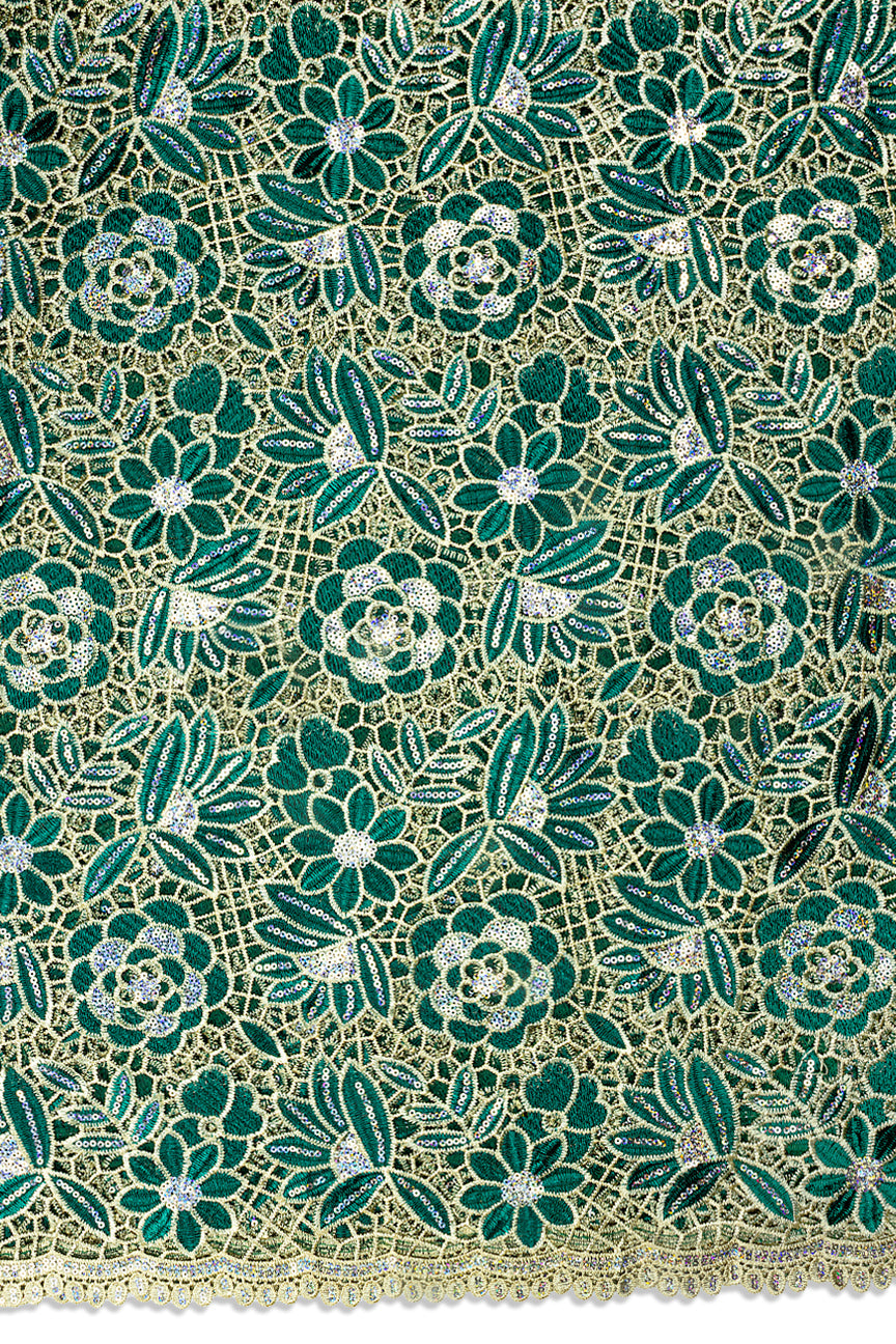 GPR109-TLG - Sequined Guipure Lace - Teal Green & Cream