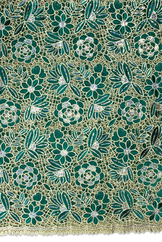 GPR109-TLG - Sequined Guipure Lace - Teal Green & Cream