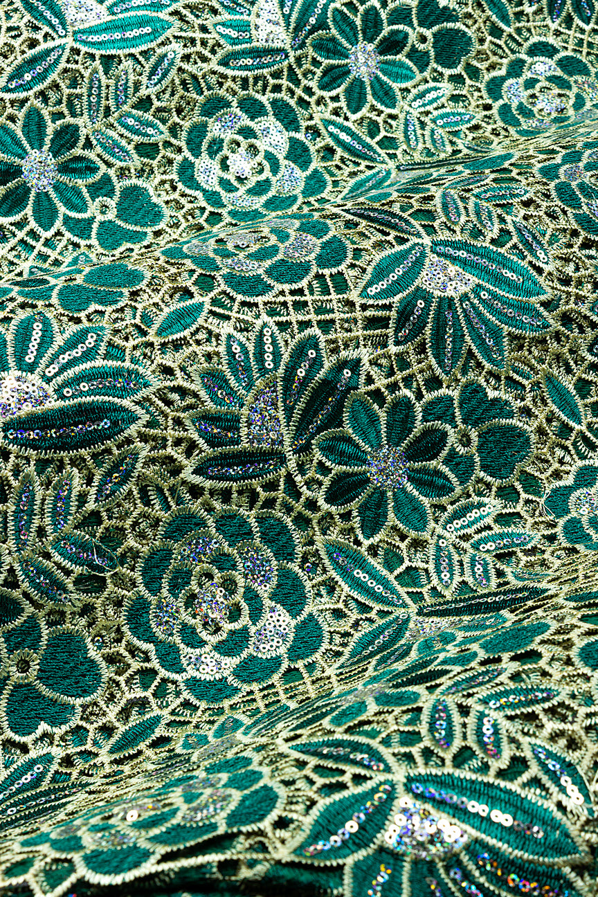 GPR109-TLG - Sequined Guipure Lace - Teal Green & Cream