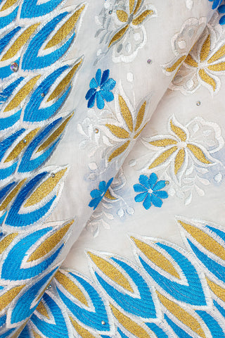 IRE582-WTQ - Voile Lace - White, Turquoise Blue & Gold