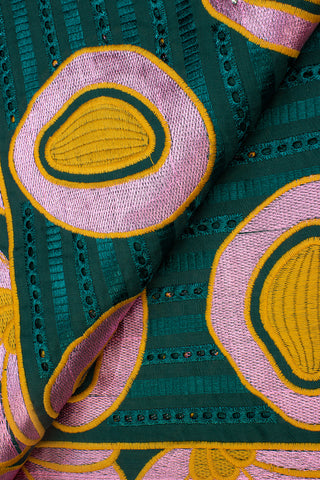 IRE587-BGN - Voile Lace - Bottle Green, Pink & Mustard Gold
