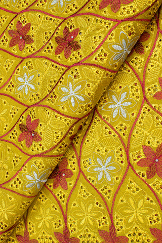 IRE588-MUS - Voile Lace - Mustard Gold, Wine & Aqua